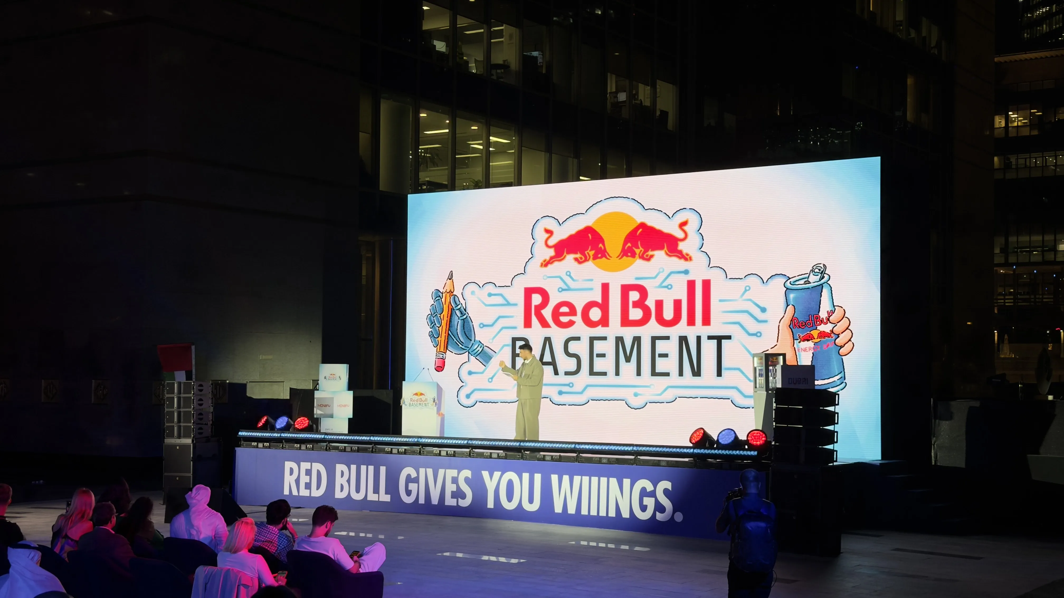 The Red Bull Basement UAE National Finals were designed as a bold innovation-focused event environment, bringing together entrepreneurs, creators, judges, and guests in a high-energy showcase setting. The experience translated the Red Bull Basement platform into a physical space built around pitching, content, networking, and live audience engagement.